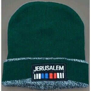 Men’s Green Knit JERUSALEM Beanie Hat OSFA Embroidered Streetwear Vibe Acrylic